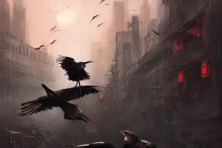 Prompt: the crow master and his murder of crows attacking the city at night, made by Stanley Artgerm Lau, WLOP, Rossdraws, ArtStation, CGSociety, concept art, cgsociety, octane render, trending on artstation, artstationHD, artstationHQ, unreal engine, 4k, 8k,