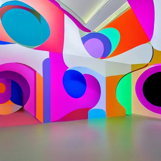 Prompt: : hyper color minimalist abstract shape art installation in museum gallery