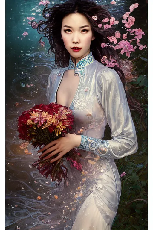 Image similar to portrait of a beautiful woman wearing a cheongsam dress, holding a bouquet of flowing flowers, drenched body, silver hair, emerging from the water, dark fantasy, regal, fractal crystal, fractal gems, by ross tran, stanley artgerm lau, thomas kindkade, alphonse mucha, loish, norman rockwell