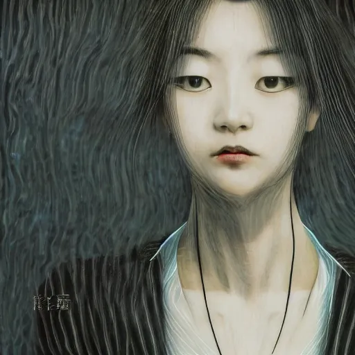 Image similar to yoshitaka amano blurred and dreamy realistic portrait of a woman with black eyes and white hair wearing dress suit with tie, junji ito abstract patterns in the background, satoshi kon anime, noisy film grain effect, highly detailed, renaissance oil painting, weird portrait angle, blurred lost edges, three quarter view