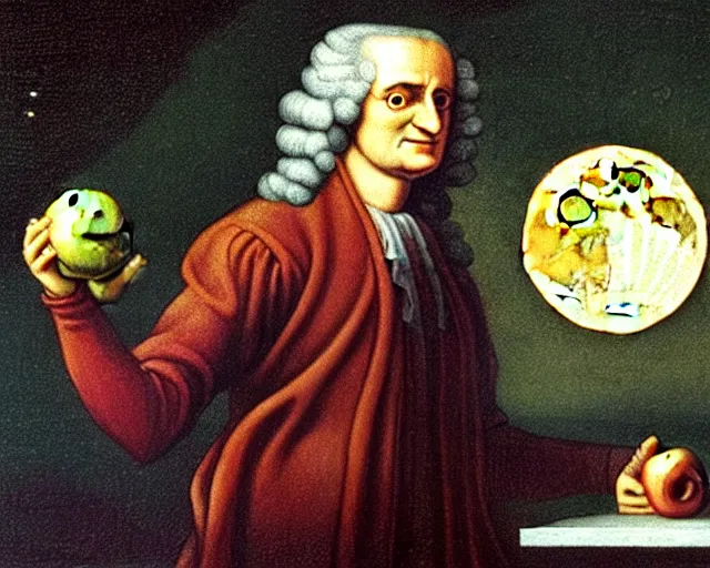 Image similar to isaac newton holding an apple in his hands and looking at the moon