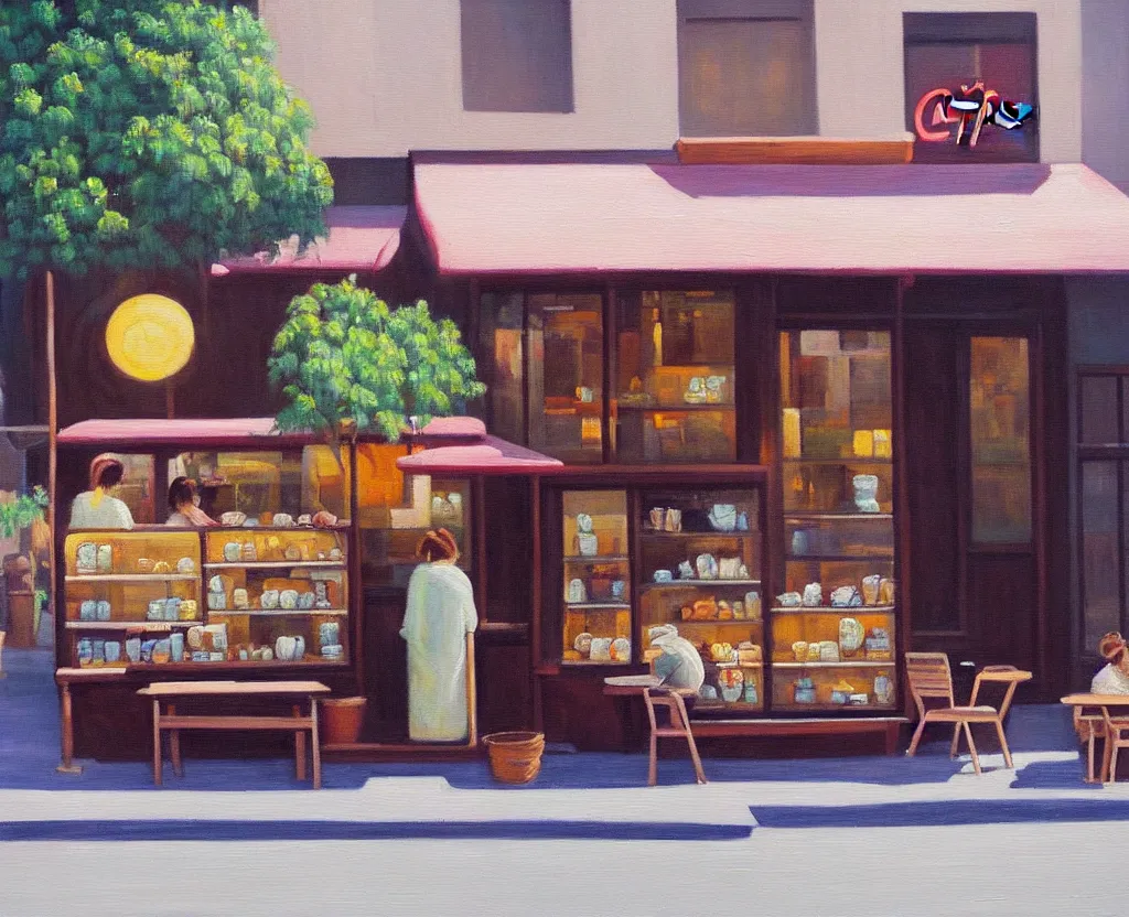 Image similar to a serene painting of a street - side coffee shop