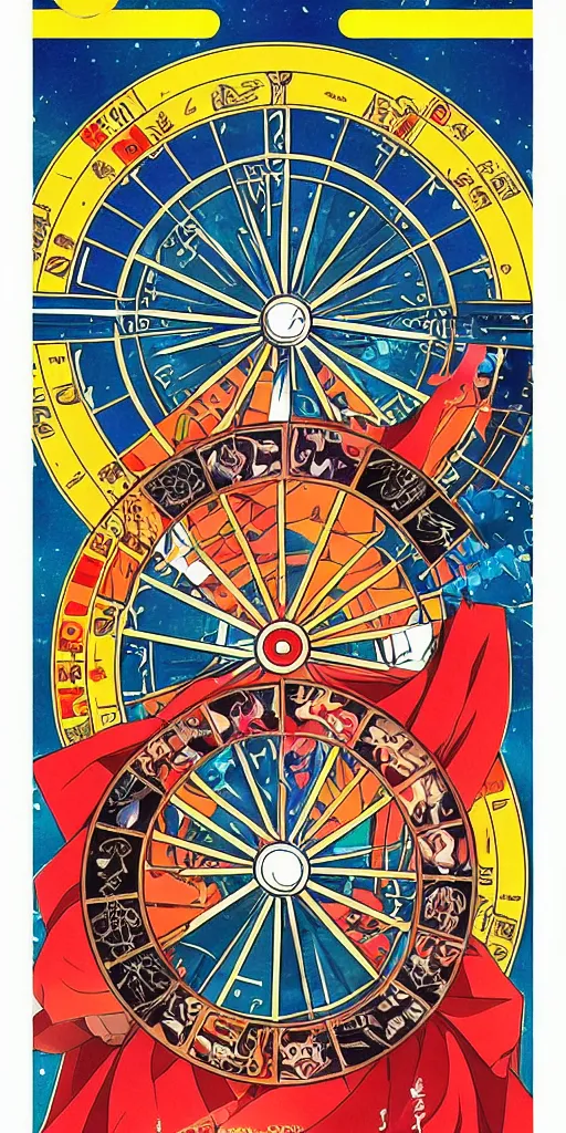 Image similar to Wheel of Fortune tarot card by a famous anime artist, clean, sharp lines, minimalistic,