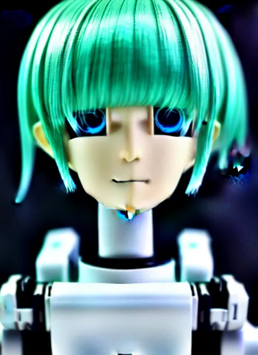 Image similar to Close-up portrait of an anime style android, robot made of anime figurine, sea-green hair and blue eyes, polycarbonate plastics, fiber-optics, fine joints, cute, wholesome, award-winning robotics