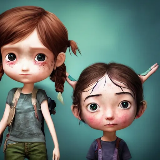 Image similar to Extremely cute and adorable 8k HD key visual of Ellie (The Last of Us) and Marinette Dupain-Cheng posing for the camera doing a v-sign with their fingers, official media, lowbrow painting by Mark Ryden. The art style is quite chibi, with large heads and big wide eyes. 3D render diorama Macro photography