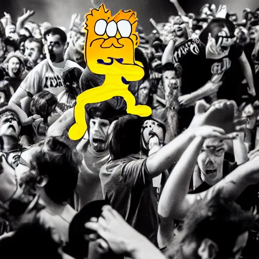 Image similar to hyper realistic garfield moshing at a hardcore punk show, detailed, photography