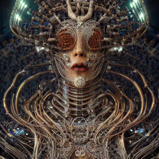 Prompt: cybernetic deity with neural network mind tripping on acid, intricate detail, royo, whealan, giger, klimt, hd, octane render, unreal engine,