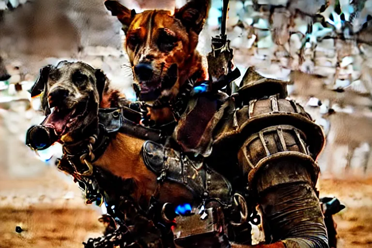 Image similar to a hound dog fursona ( from the furry fandom ), heavily armed and armored facing down armageddon in a dark and gritty version from the makers of mad max : fury road. witness me.