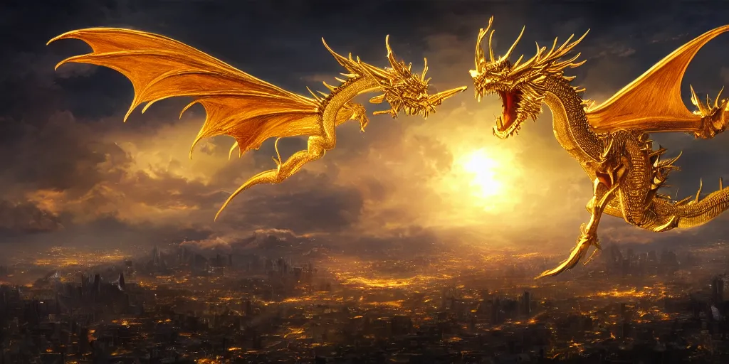 Prompt: a professional photographic view picture of a giant glowing golden dragon flying in the heavenly sky,photographic filter unreal engine 5 realistic hyperdetailed 8k ultradetail cinematic concept art volumetric lighting, fantasy artwork, very beautiful scenery, very realistic painting effect, hd, hdr, cinematic 4k wallpaper, 8k, ultra detailed, high resolution, artstation trending on artstation in the style of Albert Dros glowing rich colors powerful imagery nasa footage drone footage drone photography