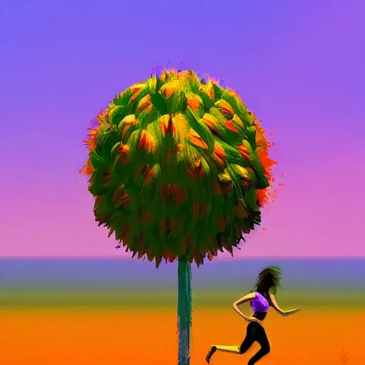 Image similar to portrait, giant purple dahlia flower head, woman running at orange beach, surreal photography, sunrise, blue sky, dramatic light, impressionist painting, digital painting, artstation, simon stalenhag