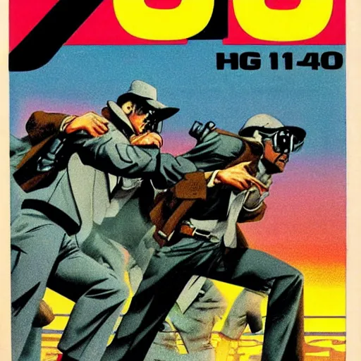 Prompt: 1979 OMNI Magazine cover of bank robbers fleeing police, Highly Detailed, Inspired by Heat + Golgo 13 + Lupin the 3rd , 8k :4 by Vincent Di Fate + Katsuhiro Otomo : 8