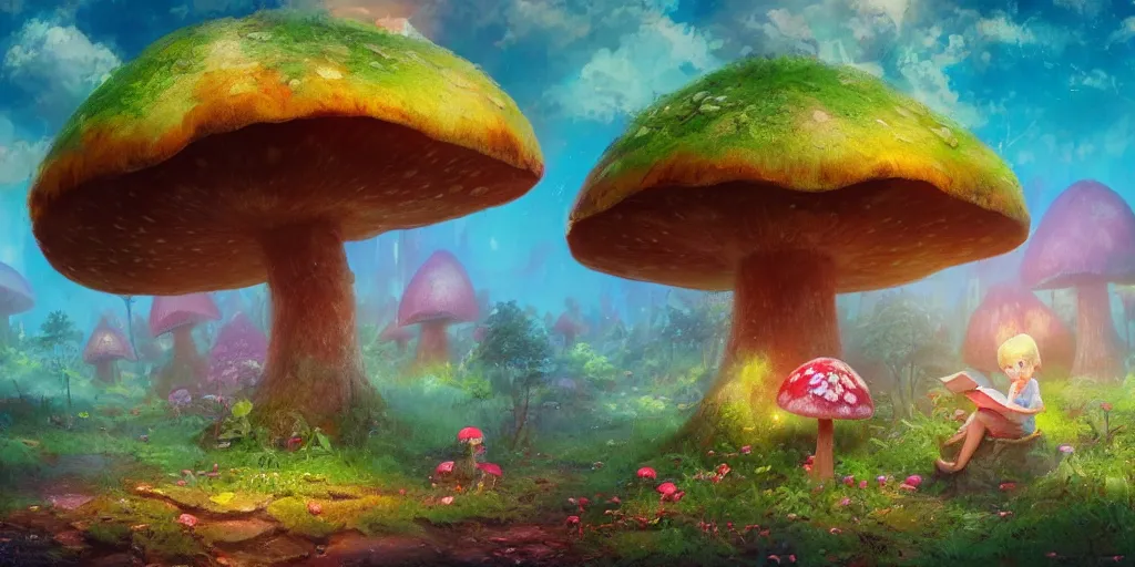 Image similar to ”cute child reading a book, giant mushroom houses in a mysterious fantasy forest, [bioluminescense, flowers, art by wlop and paul lehr, cinematic, colorful]”