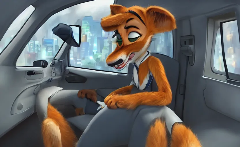 Image similar to a furry human - like dressed policewoman in the sleeping in the police car, artstation hq, stylized, symmetry, modeled lighting, expressive, studio photo refined, highly detailed, hyper realistic, furry, sense of awe, zootopia style