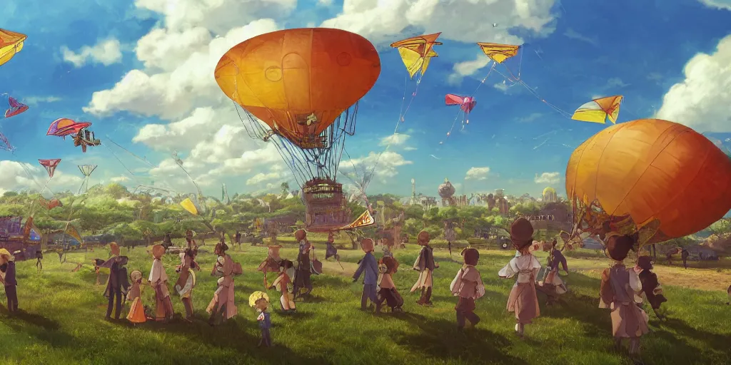 Prompt: a steampunk airship floating over kids playing colorful kites, grassy lovely place known as teletubbyland, magical, bright clouds, blue sky, colorful, fantastic lighting, amazing details, 4 k uhd, illustration by hayao miyazaki keigo sasaki and makoto shinkai, artstation, pixiv,