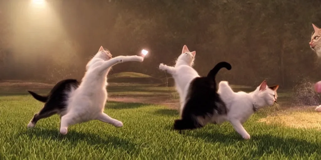 Image similar to A cat and a dog are fighting for a sausage,highly detailed,cinematography,realistic cinematic lighting,