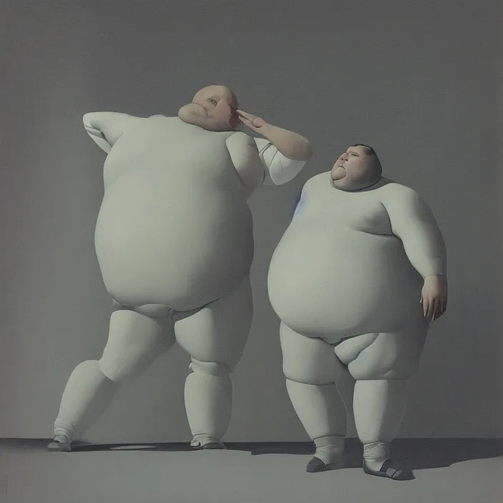 Image similar to portrait of a fat man standing, dressed in all white futuristic bodysuit with a bionic leg Edward Hopper and James Gilleard, Zdzislaw Beksinski, highly detailed