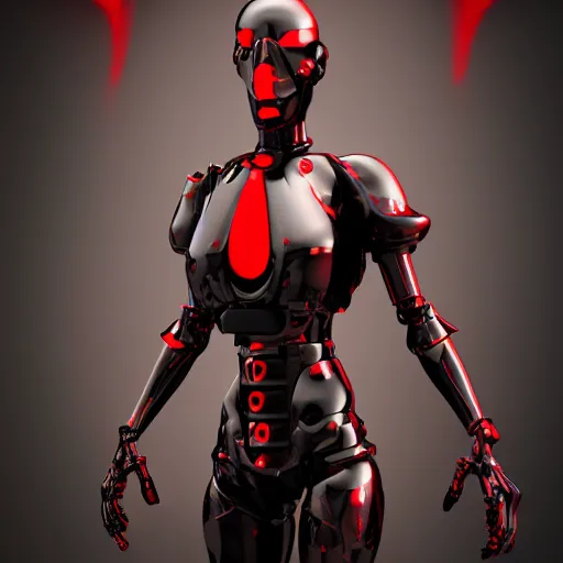 Image similar to 3D model of an evil cyborg, black and red theme, octane render, studio lighting, trending on artstation, highly detailed, specular, high quality, product photography, depth of field