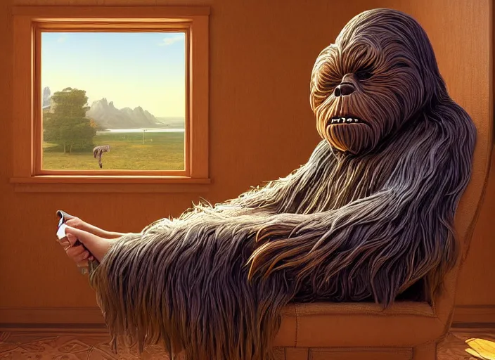 Image similar to wookiee is comfy at home trading crypto. the charts are at all time highs, huge gains, painting by grant wood, 3 d rendering by beeple