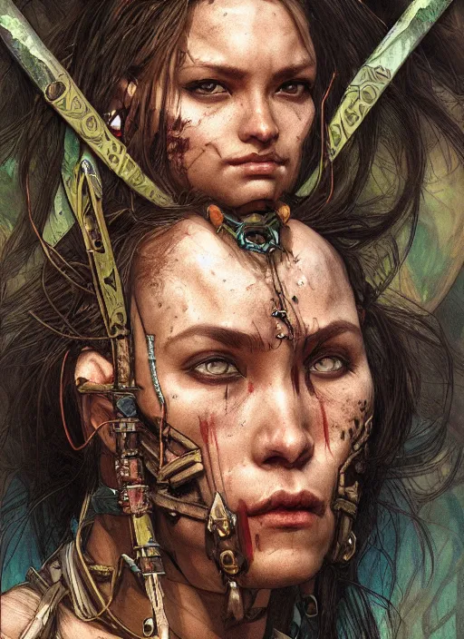 Image similar to hyper realistic photography portrait of postapocalyptic medieval religious occult asian tribal amazon cinematic, brom, mucha, moebius juan gimenez artstation, cgsociety