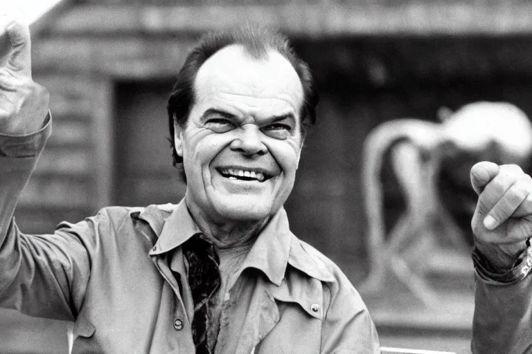 Prompt: Jack Nicholson pointing at the completed Noah's Ark while it's doors are open