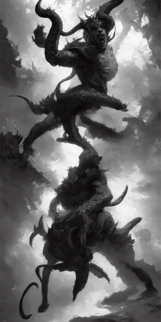 Image similar to highly detailed beautiful black and white photography of a tiefling, sharp focus, dynamic lighting, elegant harmony, beauty, masterpiece, by riccardo federici, by craig mullins, by greg tocchini, by greg rutkowski