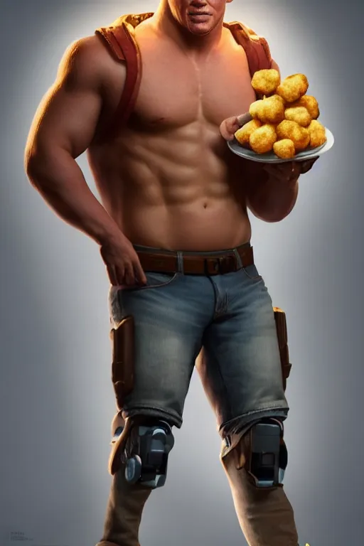 Image similar to a full body shot of channing tatum as half human and a tater tot on a plate, ef 8 5 mm f 1. 8 usm, bionic scifi alexandre ferra, hyper detailed, digital art, trending in artstation, cinematic lighting, studio quality, smooth render, unreal engine 5 rendered, octane rendered