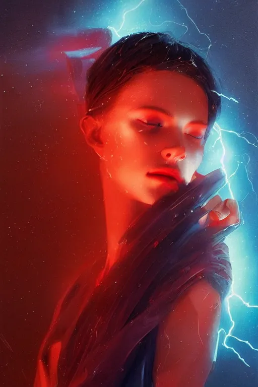 Image similar to 3 d, sci - fi, morning, closed eyes fashion model face, sun, cinematic, lightning clouds, vogue cover style, stanley kubrick, light red and deep blue mood, realistic painting, intricate oil painting, high detail, figurative art, multiple exposure, poster art, 3 d, by tooth wu and wlop and beeple and greg rutkowski