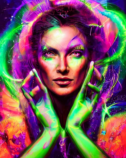 Image similar to a powerful energy psychedelic woman, by alexander fedosav, hyper detailed digital matte painting, concept art, hyperrealism, 1 6 k resolution, cinema 4 d, 8 k resolution, trending on artstation, behance hd, a masterpiece, by stephan martiniere, particles, cel - shaded, power bright neon energy, by david a. hardy,