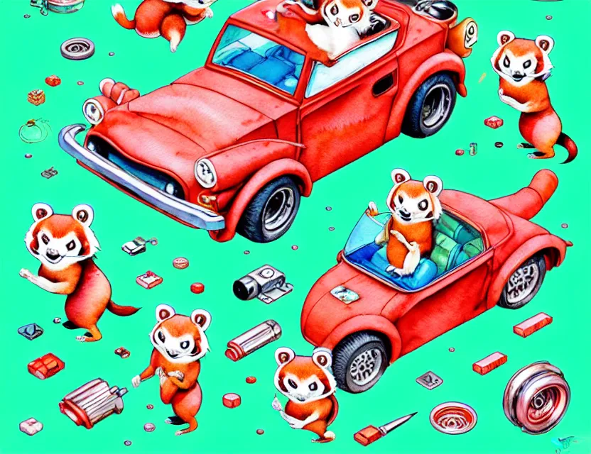 Image similar to cute and funny, red panda riding in a tiny hot rod with oversized engine, ratfink style by ed roth, centered award winning watercolor pen illustration, isometric illustration by chihiro iwasaki, edited by range murata, tiny details by artgerm and watercolor girl, symmetrically isometrically centered