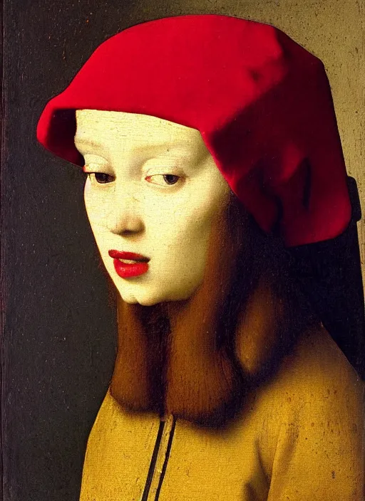 Image similar to red hat, medieval painting by jan van eyck, johannes vermeer