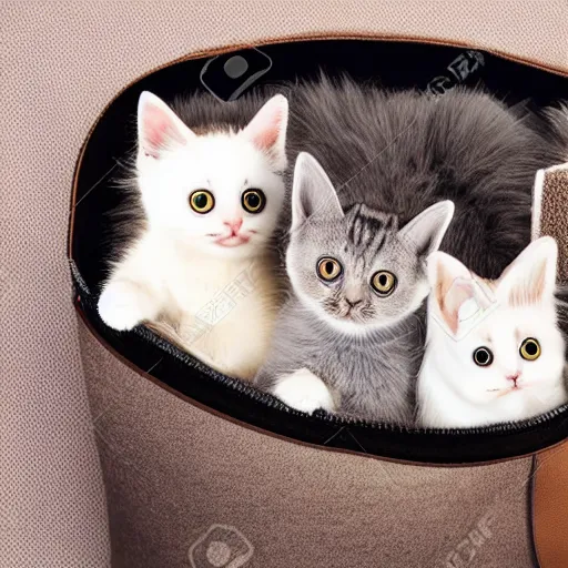 Image similar to lots of furry cute cats inside a big handbag, the handbag is over a wood table, stock photo, gray background, studio lighting, detailed photo, 4 k, 8 k