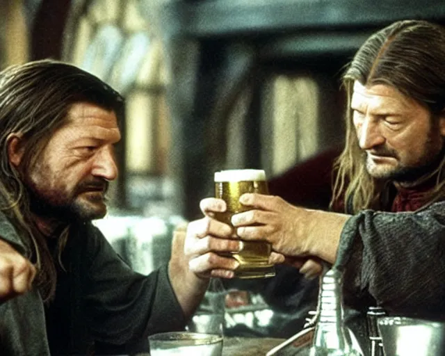 Image similar to Ned Stark and Boromir drinking beer in a pub, Film still, high detail