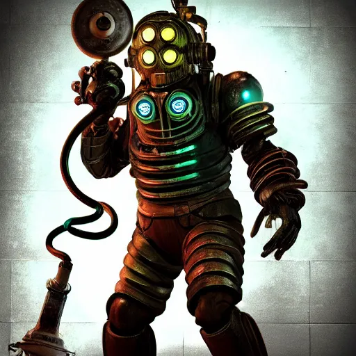 Image similar to isaac clarke as a bioshock big daddy, unreal engine 5, bioshock deadspace, high detail 3 d render,