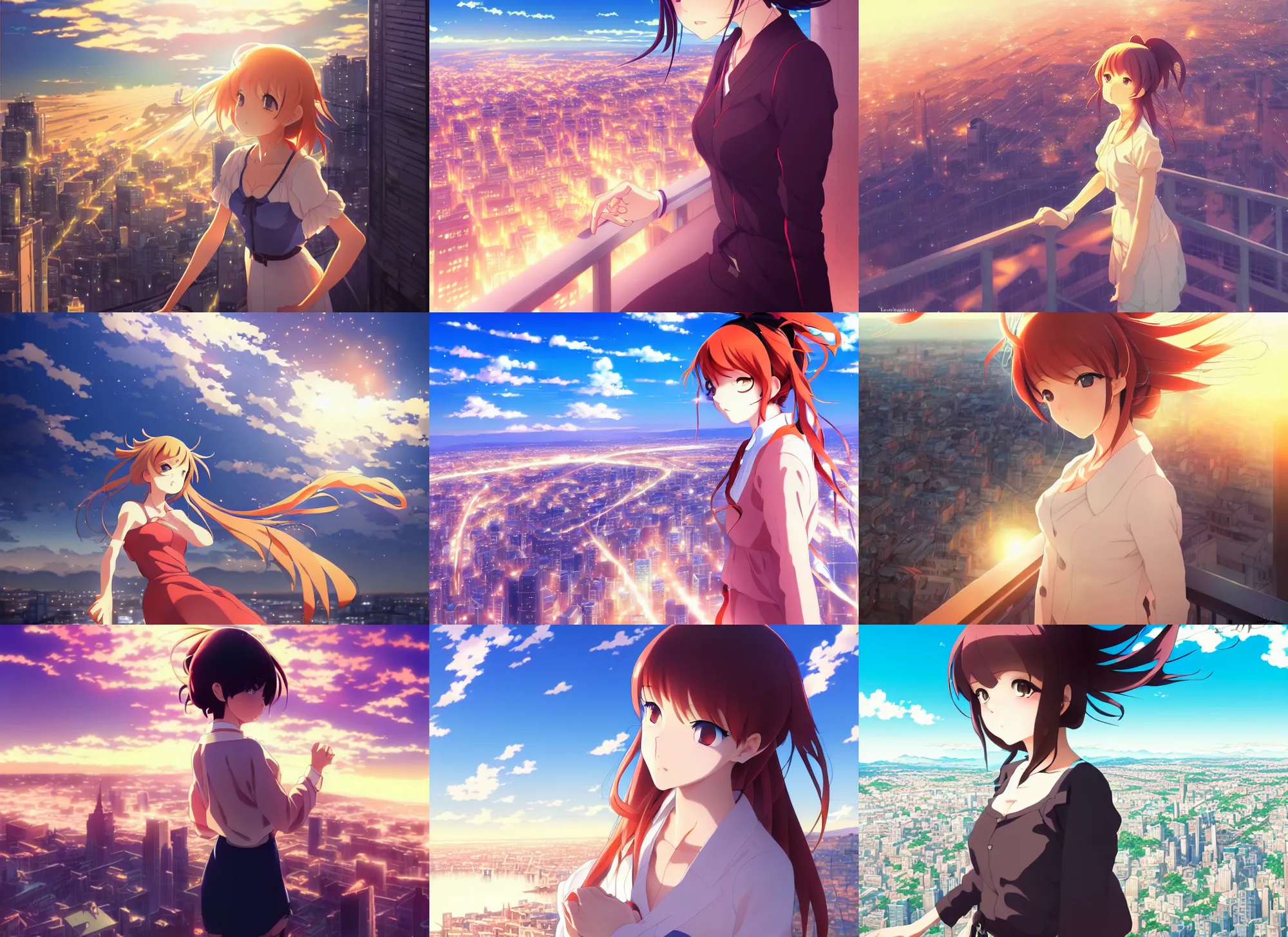 Prompt: anime visual, portrait of a young female sightseeing above the city, beautiful cute by yoh yoshinari, katsura masakazu, dramatic lighting, dynamic pose, dynamic perspective, strong silhouette, anime cels, ilya kuvshinov, cel shaded, outlined!!!, rounded eyes, moody, detailed facial features