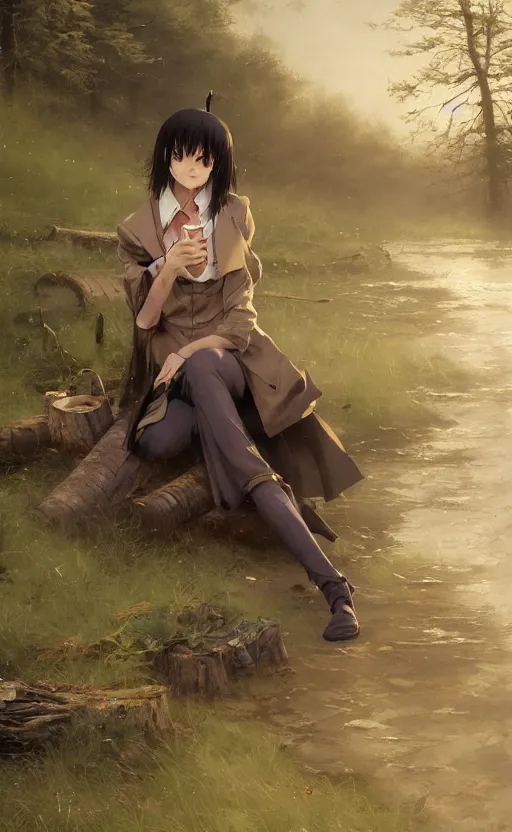 Prompt: An anime girl with short black hair and green eyes in a tan trenchcoat sitting on a log and drinking tea by the campfire by her motorcycle at night under the stars in the style of Jakub Rozalski, evocative, mystical night, detailed, award winning, masterpiece digital painting by Greg Rutkowski, Alex Grey, artstation, 4k wallpaper