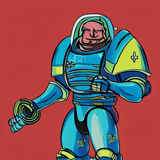 Prompt: digital artwork, cartoony, cell shading, futuristic space marine in heavy blue armor trying unsuccessfully to eat a large sub sandwich full of meat, cheese, and lettuce