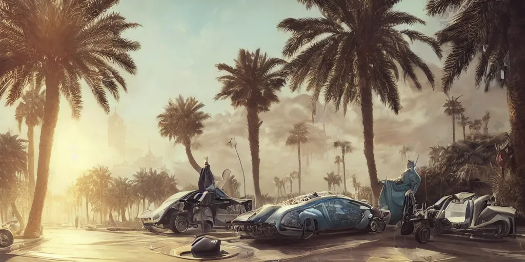 Image similar to Futuristic Marrakech, palm trees , flaying cars ,WLOP, James Jean, tom bagshaw, rococo, trending on artstation, fantasy, intricate, elegant, highly detailed, digital painting, concept art, smooth, illustration, cinematic lighting, hyper realism, octane render, 8k, hyper detailed.