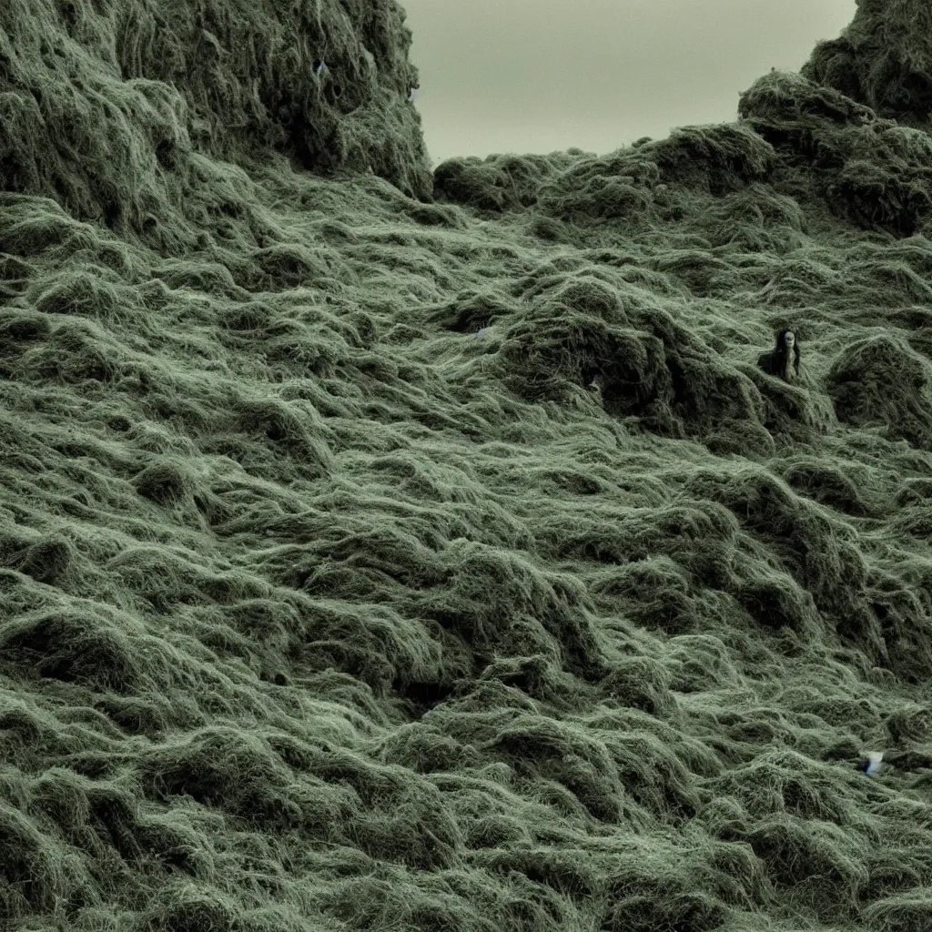 Prompt: dark and moody 1 9 7 0's artistic spaghetti western film in color, a group of women in a giant billowing wide long flowing waving green dresses, standing inside a green mossy irish rocky scenic landscape, crashing waves and sea foam, volumetric lighting, backlit, moody, atmospheric, fog, extremely windy, soft focus