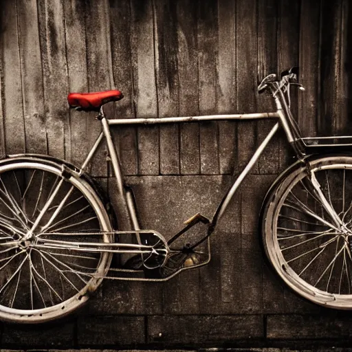 Image similar to bicycle constructed of beef, glistening meat and oily metal, pulsating, carnivorous,mechanical, tires, ribeye, hungry, in food photography style, high resolution detail,