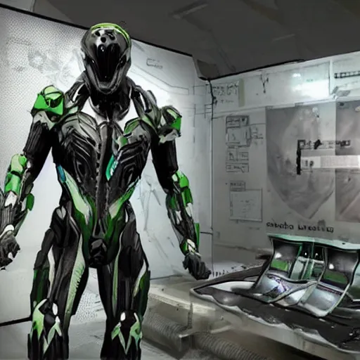 Image similar to the nanosuit from crysis 3 in ultra realistic detail, in white studio, typography annotations around the suit, ultra hd w - 1 0 2 4