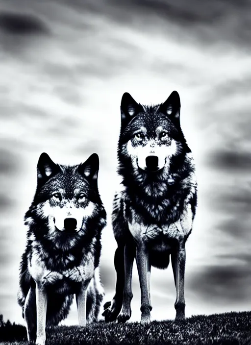 Image similar to two wolves black and white portrait white sky in background