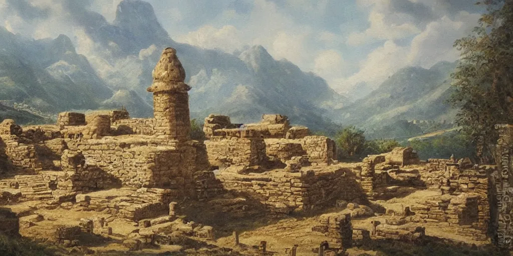 Prompt: stunning landscape painting of an ancient city