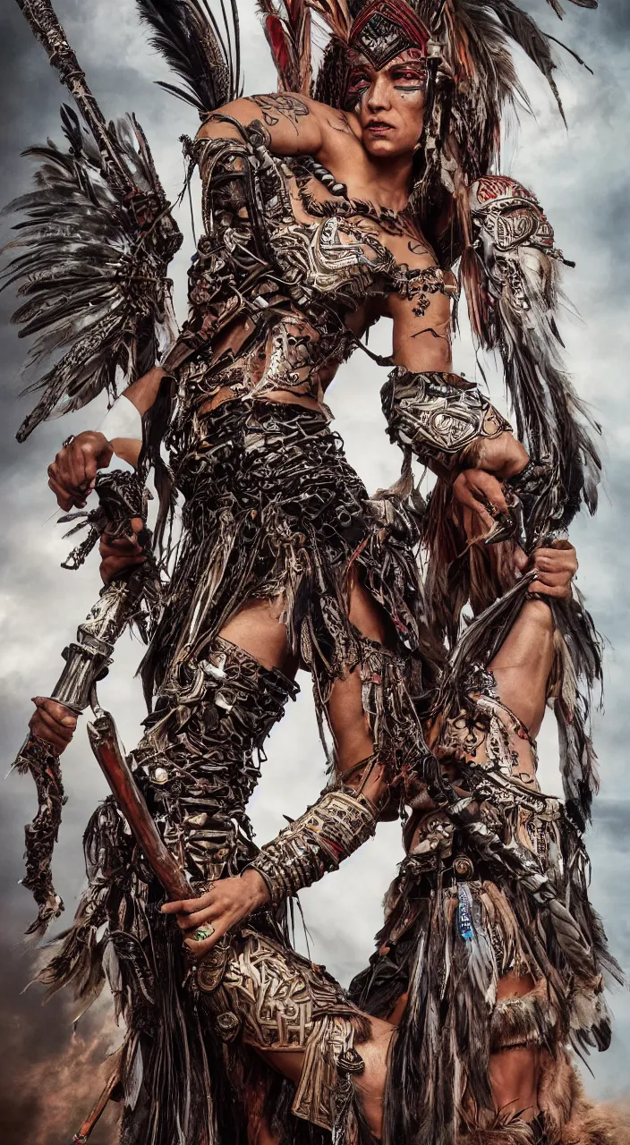 Prompt: editorial full body photo portrait of enormous Maori warrior princess with a sword, warrior body, feathers and paint, photo by mario testino, cinematic, hyper detailed, micro details, insanely detailed, trending on artstation,dark background, dramatic lighting, cinematic angle, concept art, insanely detailed and intricate
