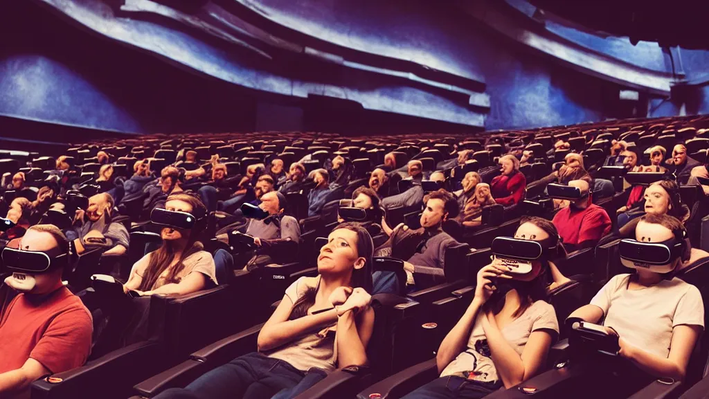 Image similar to people in a busy movie theatre, all wearing vr headsets with art direction by salvador dali, wide lens