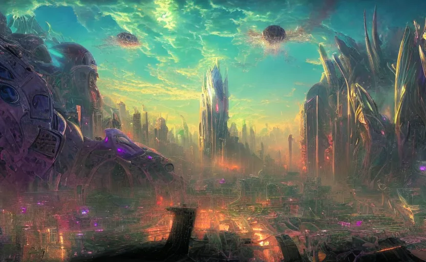 Prompt: an alien mothership crashlands into a sprawling metropolis, gigantic explosions, digital painting masterpiece, concept art, 4 k wallpaper, beautiful, advanced lighting technology, intense cinematic quality, by thomas kinkade and moebius