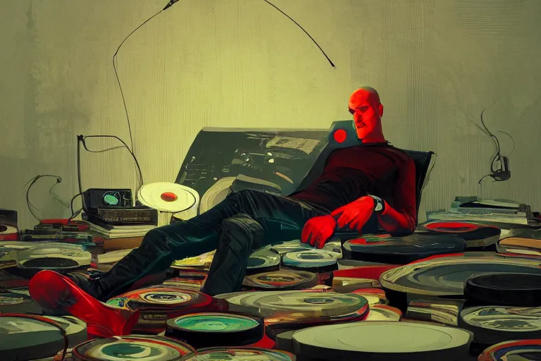 Prompt: an expressive portrait of agent 4 7 wearing headphones and laying on a floor of vinyl records, dark background, red rim light, digital art, artstation, concept art by giger stalenhag