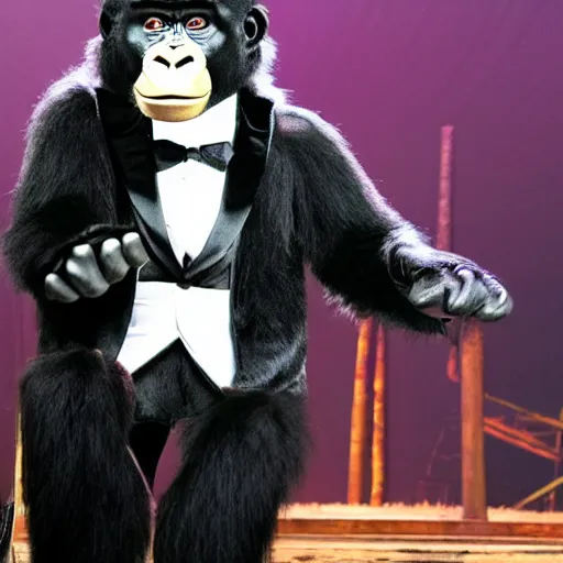 Image similar to a gorilla wearing a tuxedo and top hat while performing magic on a stage in Las Vegas