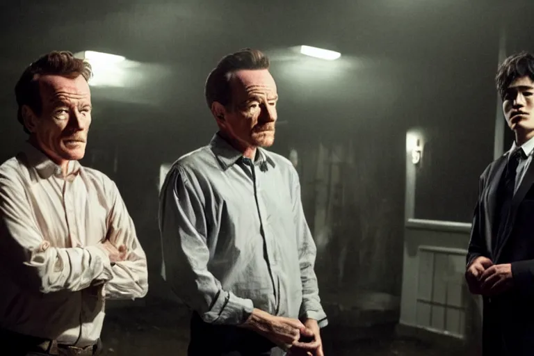 Image similar to film still of bryan cranston and jungkook in cosmic horror! the musical by david cronenberg, budapest street background, 3 5 mm film, atmospheric, ultra fine detail, film grain, photorealistic, hyperrealistic dramatic lighting