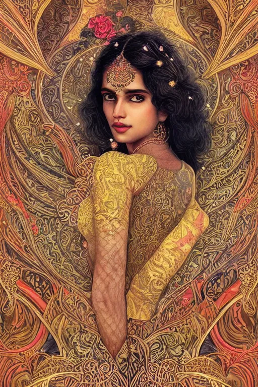 Image similar to a stunning ultradetailed illustration of an indian woman with epic wavy hair surrounded by paisleys and art nouveau floral patterns, by vania zouravilov and tom bagshaw, deep depth of field, catchlight in the eyes, studio lighting, golden ratio composition, 3 5 mm lens, very detailed, 8 k, artstation