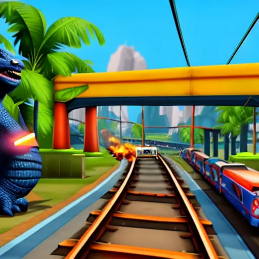 Prompt: an in-game screenshot of Godzilla as a playable skin in Subway Surfers, as coherent as Dall-E 2